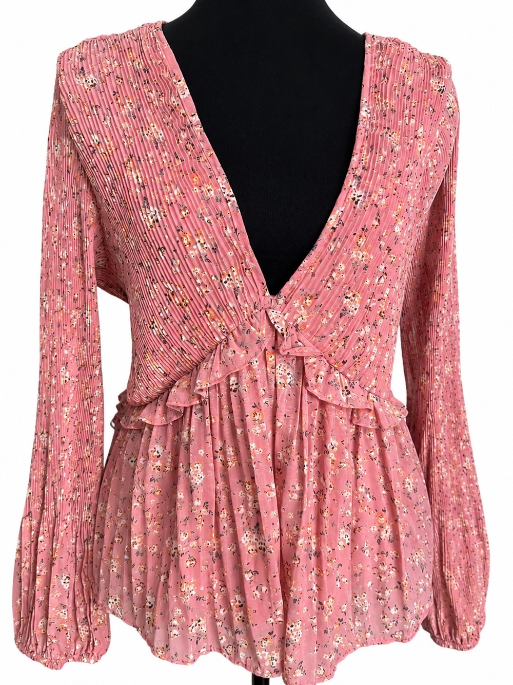 Pink Floral Pleated Peplum Blouse Romantic Boho Long Sleeve Top XL - Picture 7 of 8